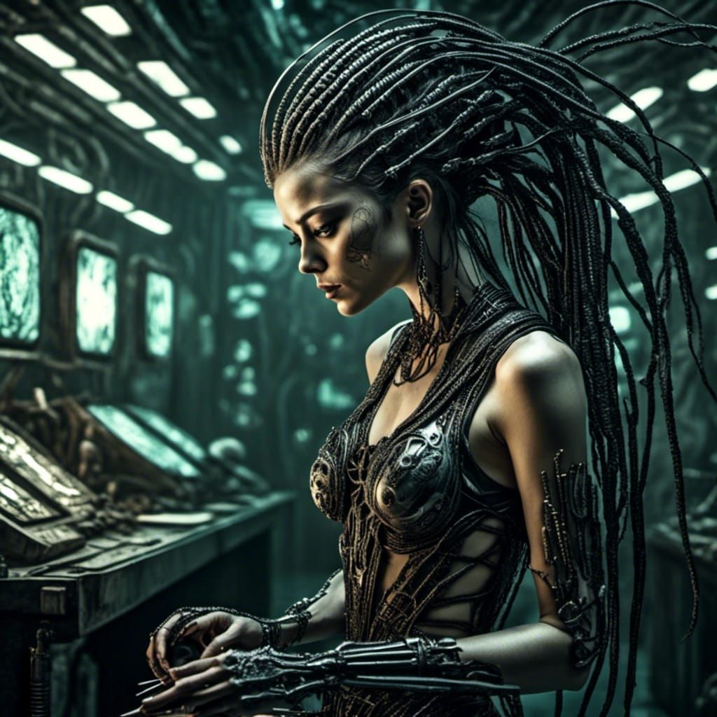 a futuristic female, her hair is braided  wire with sharp razors on the ends, she is holding swords, her outfit consiste...