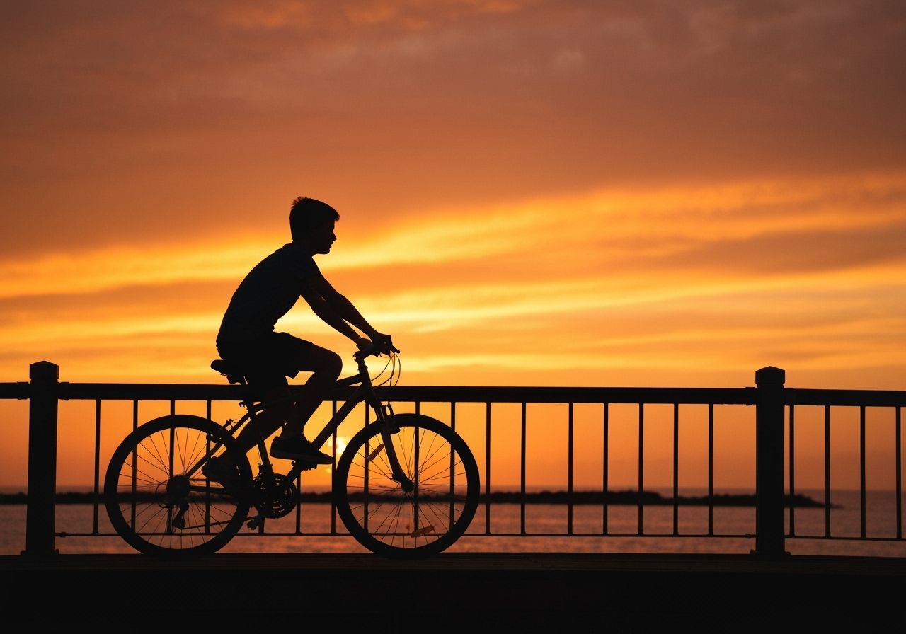 Boy Silhouetted on Bicycle at Sunset on Coastline
