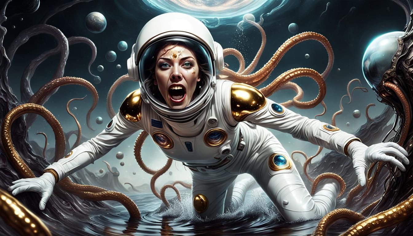Terrified Astronaut on Alien Planet in Hyperrealistic Style