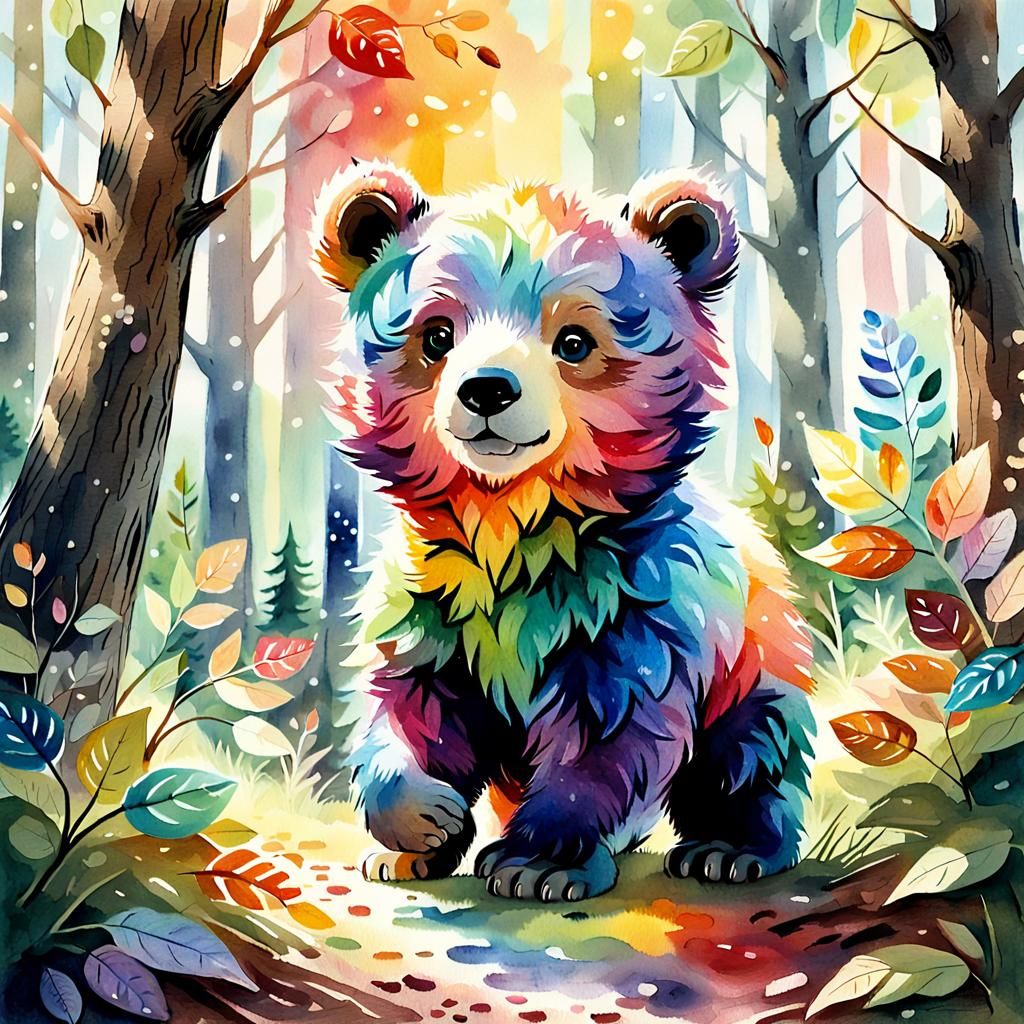 Rainbow Bear Cub in Impressionistic Style