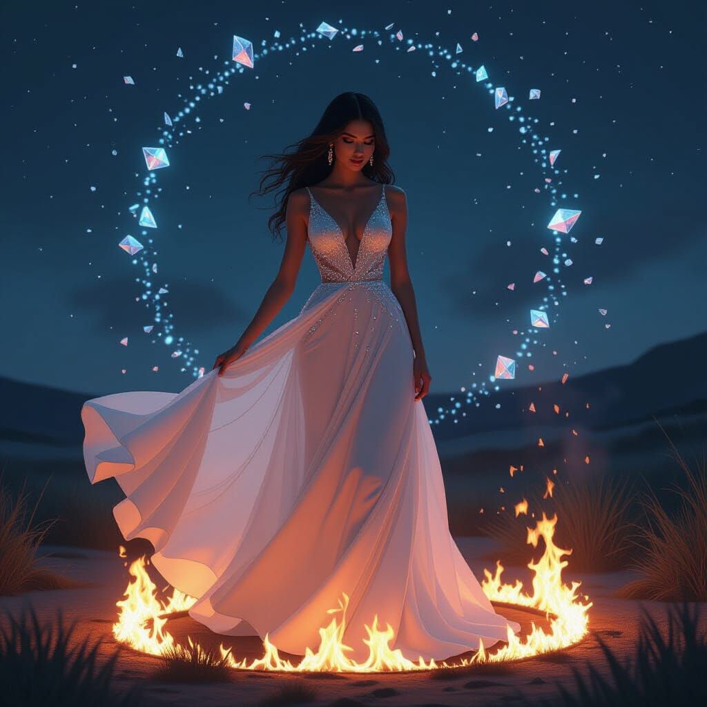 Woman in Crystal Gown Swirls Above Fire Ring