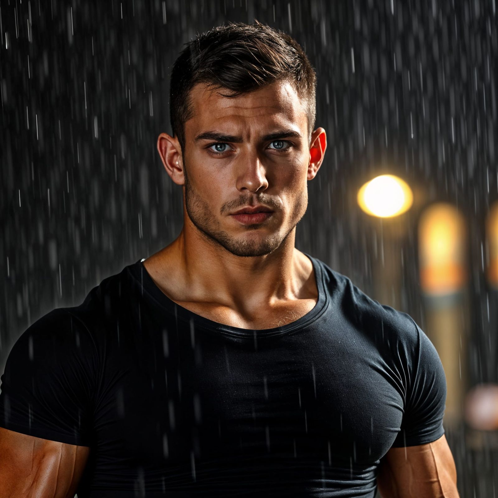 Brooding Bodybuilder Drenched in Rainy Night