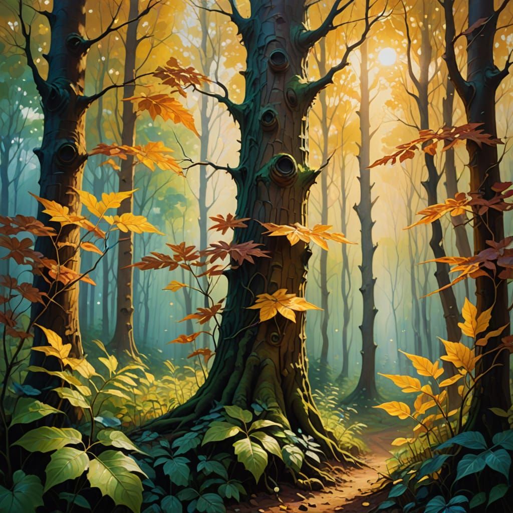 Surreal Forest Landscape in Vibrant Oil Painting
