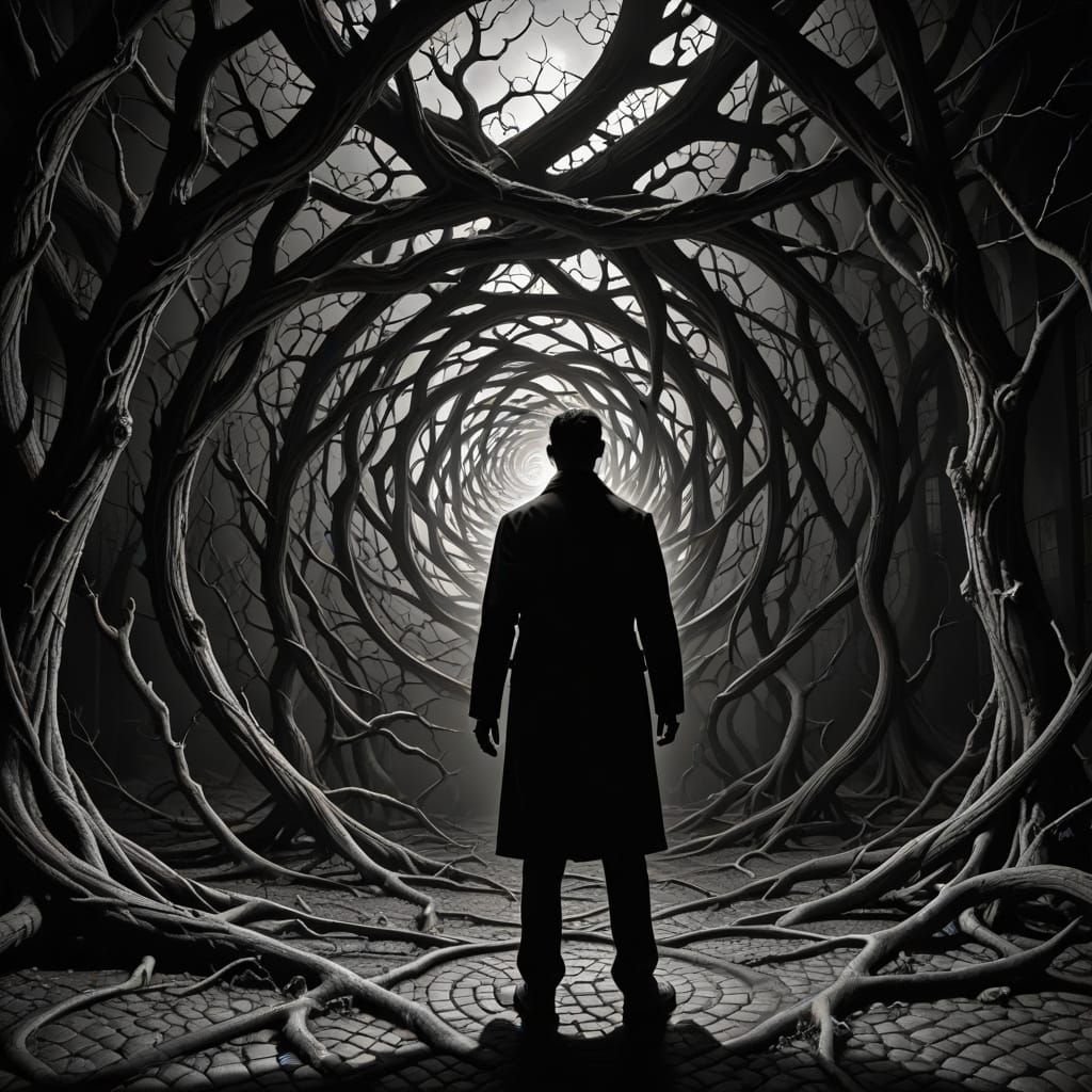 Figure Lost in Desolate Abyssal Landscape