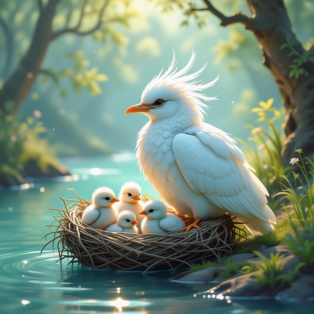 Majestic Sphinxbird Family in Sun-Drenched Magical Woodland