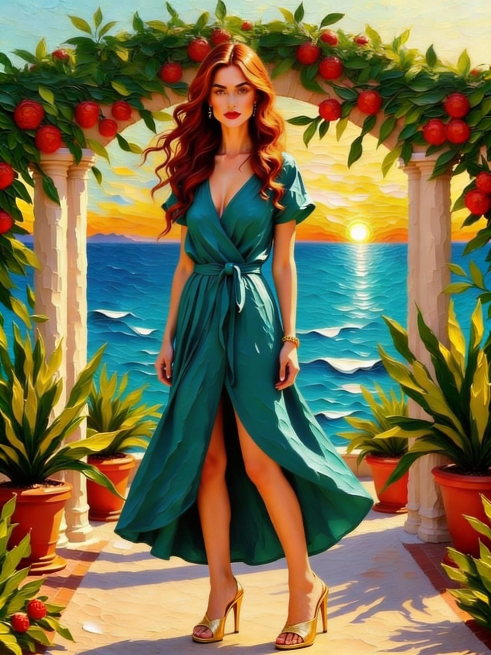 Acrylic Impasto Painting of Elegant French Woman at Mediterr...
