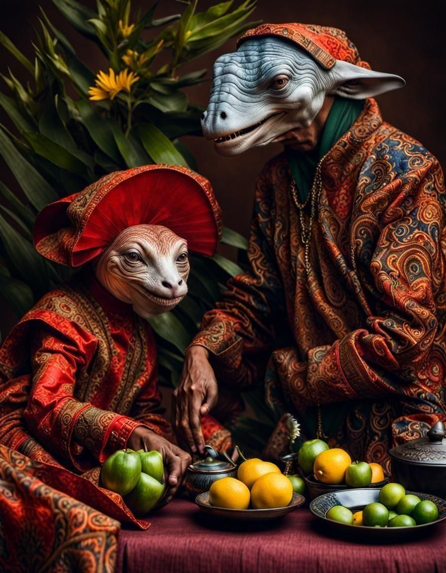 Surreal Alien Restaurant Celebration in Gritty Setting