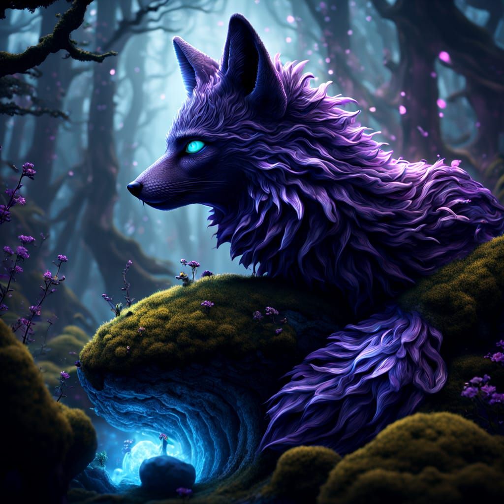 Celestial Fox Asleep in Bioluminescent Forest