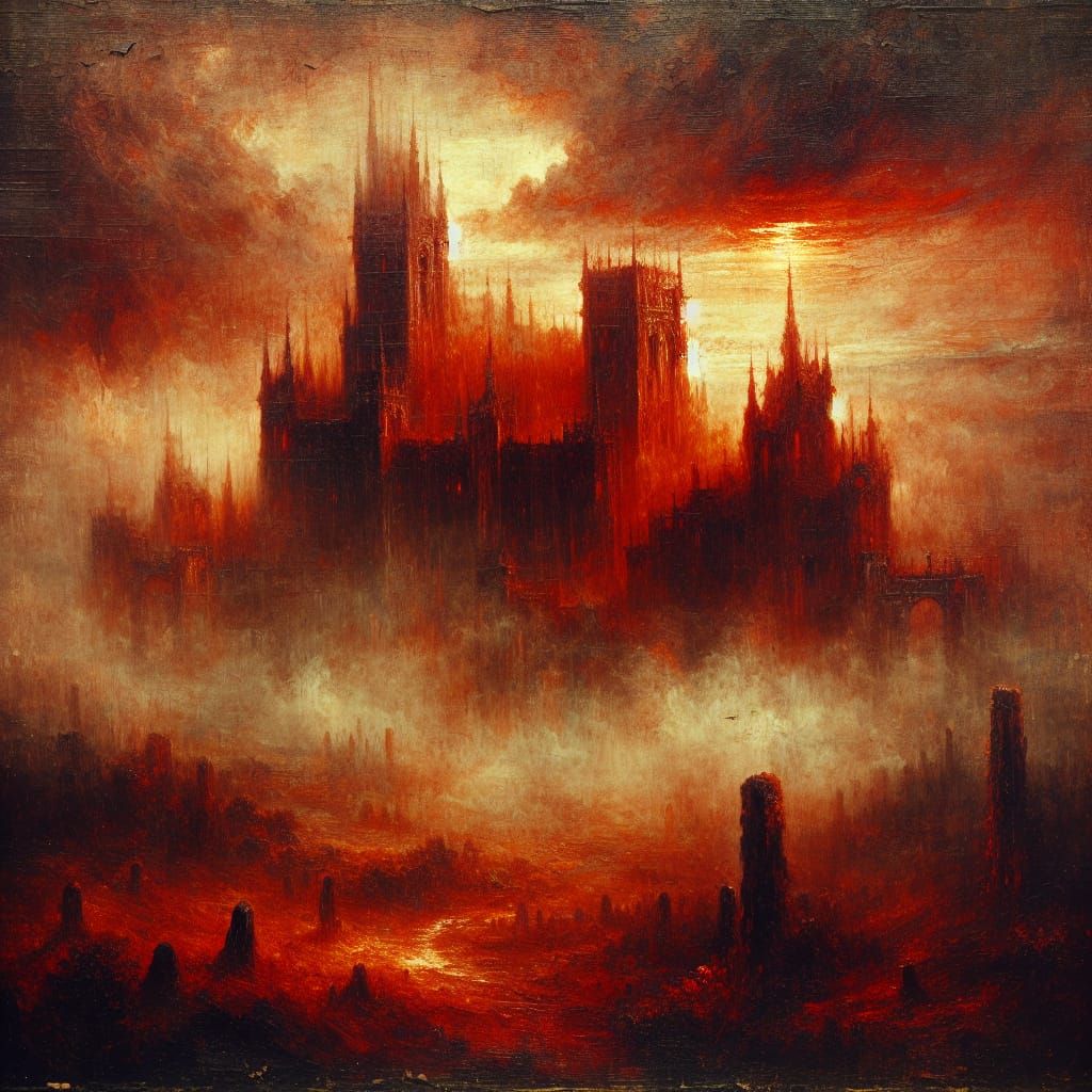 Gothic Castle Oil Painting in Red Sunset Light