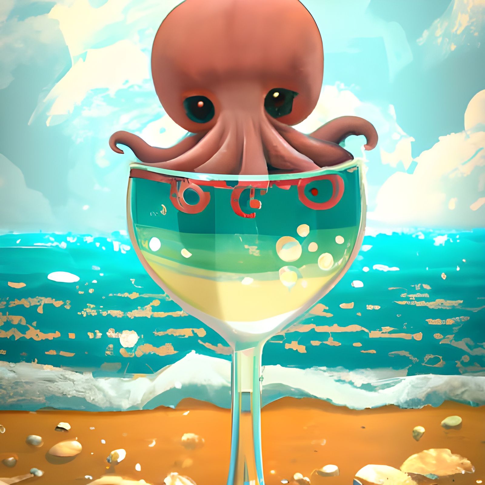 Adorable Chibi Octopus in Wine Glass on Beach