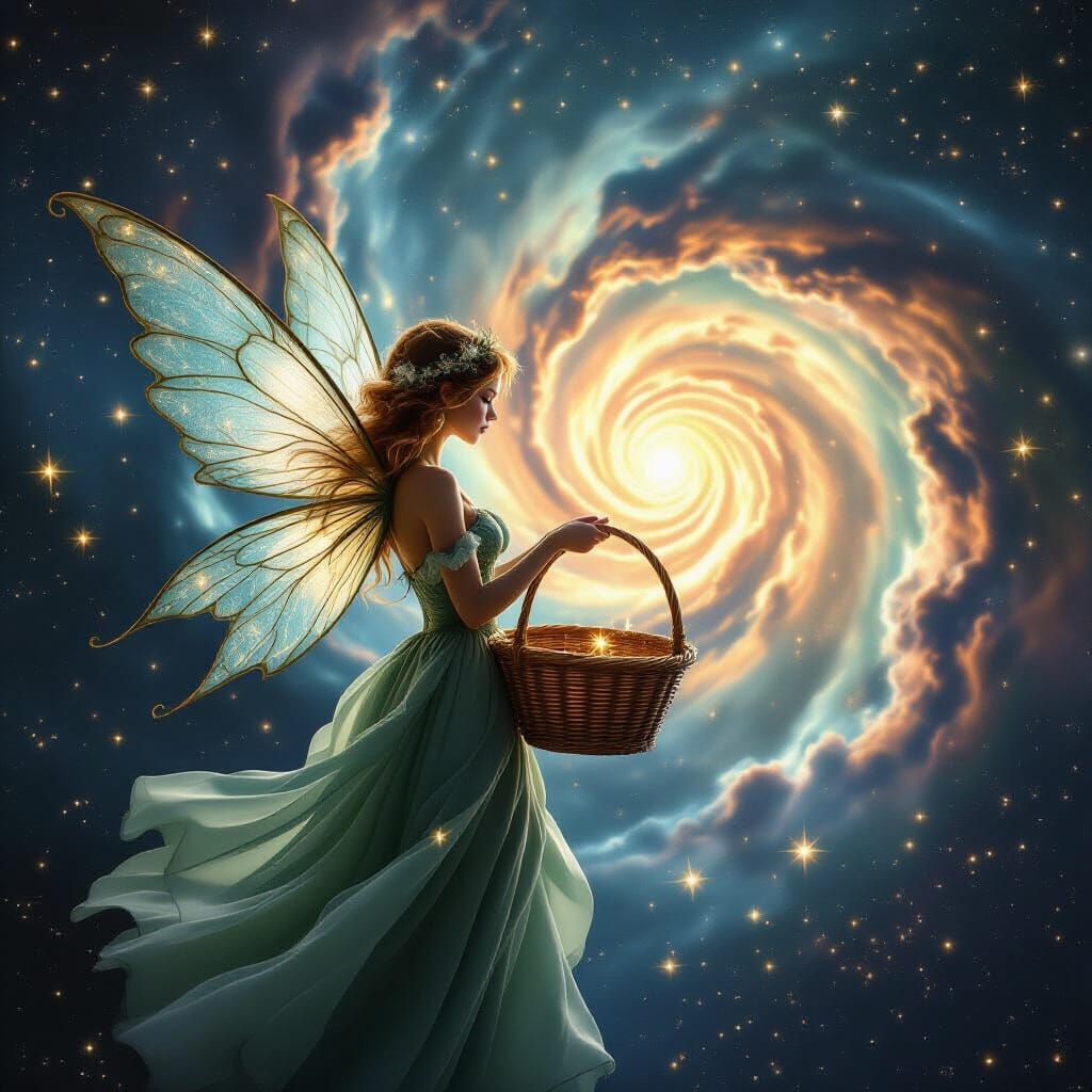 Fairy Collecting Stars in Spiral Galaxy