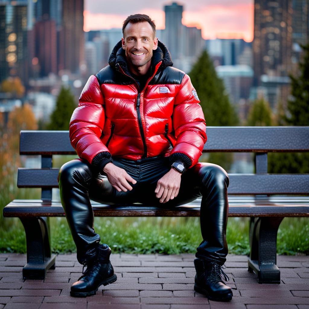 Man in Leather and Puffer Jacket on Bench