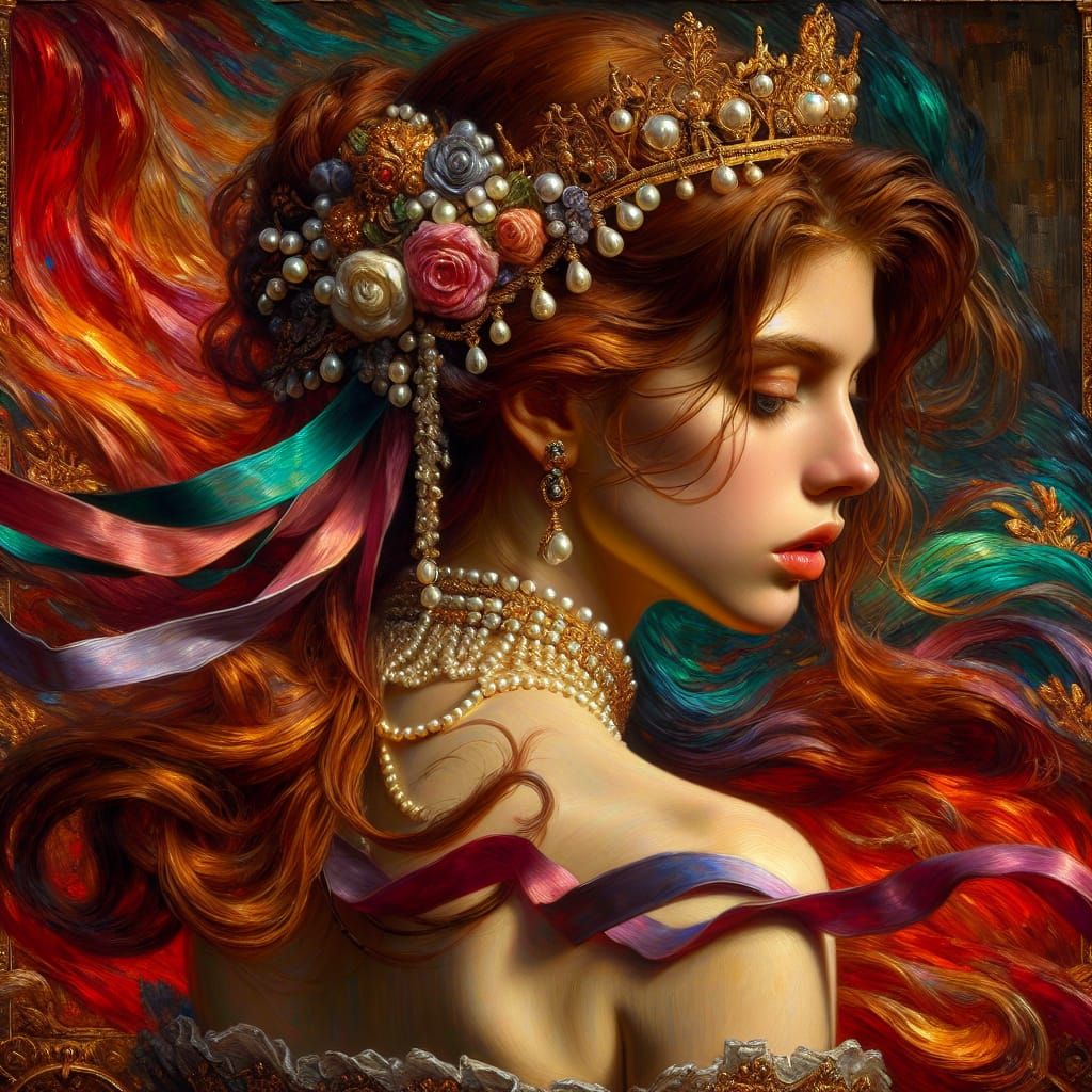 Pre-Raphaelite Woman with Tiara and Gold Jewelry
