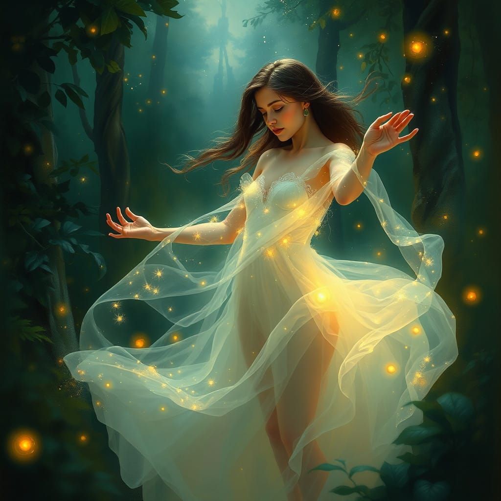 Ethereal Girl in Enchanted Forest Scene, Oil Painting Style