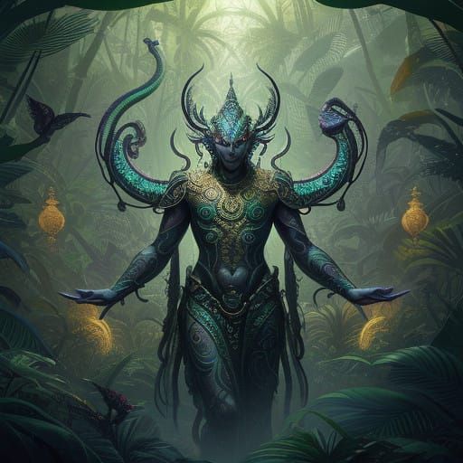 Serpentine Humanoid in Lush Jungle Setting with Iridescent S...