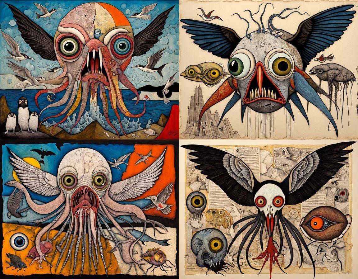 Bizarre Mutant Creature with Wings in Mixed Media