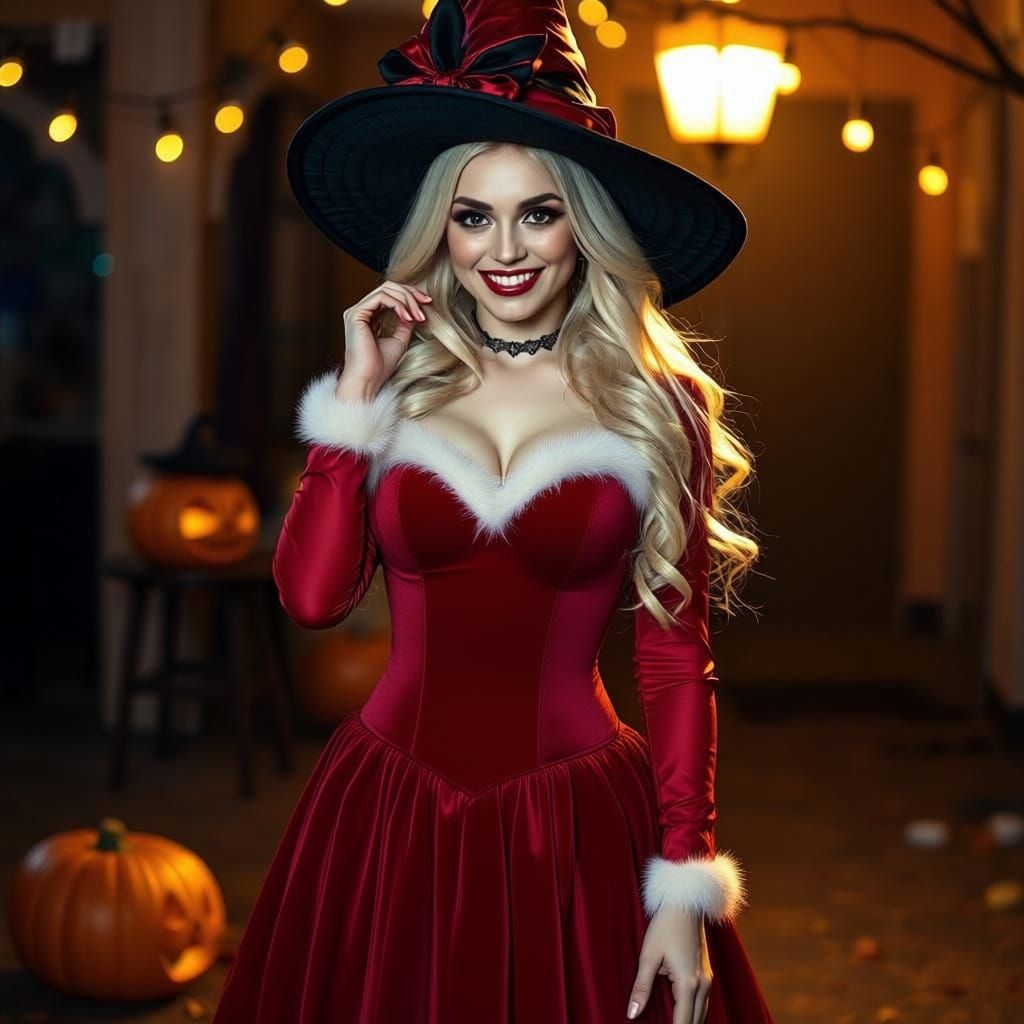 Blonde Woman in Witch Costume Eating Chocolate