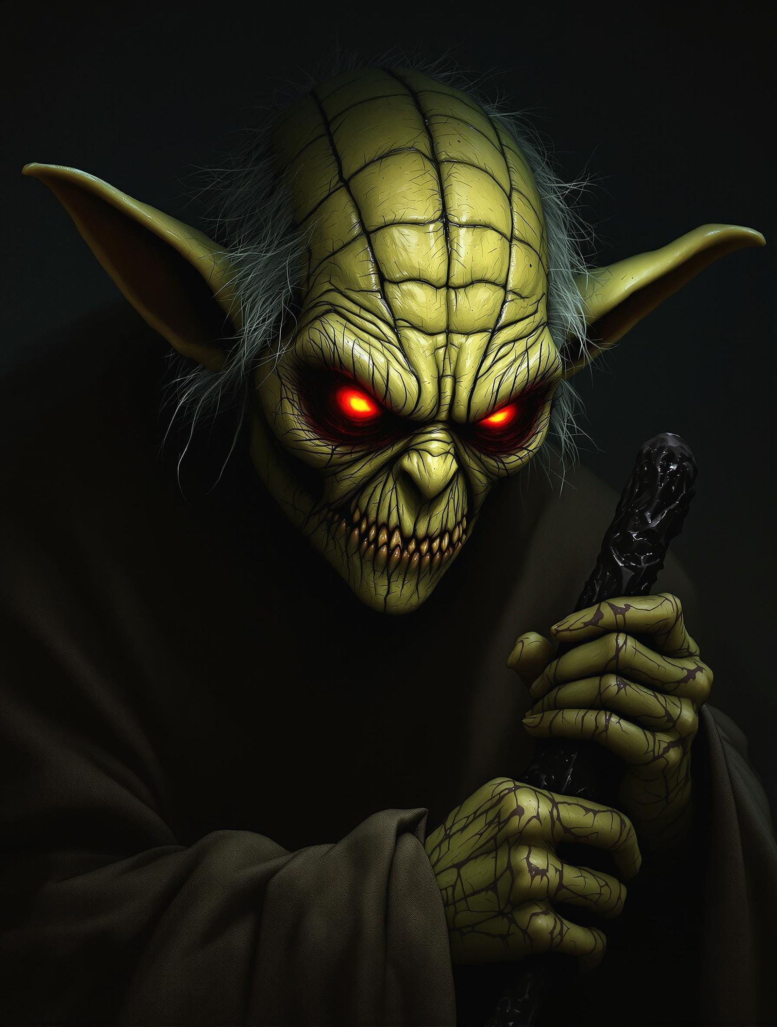 Dark and evil Yoda. Bathed in shadow, Yoda’s skin is a sickly, jaundiced yellow, stretched taut over sharp bones. His on...