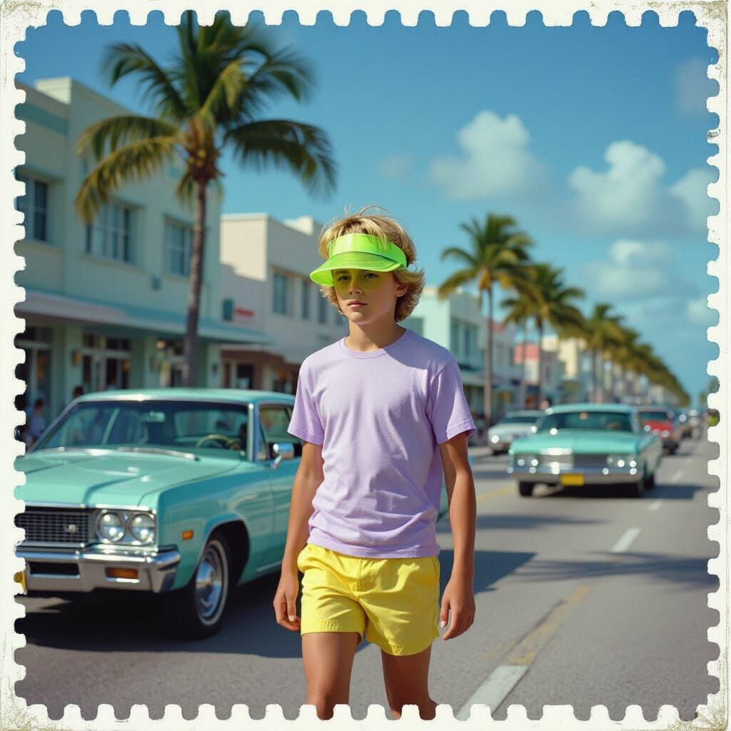Teen Boy Walks Ocean Drive Miami 1980s