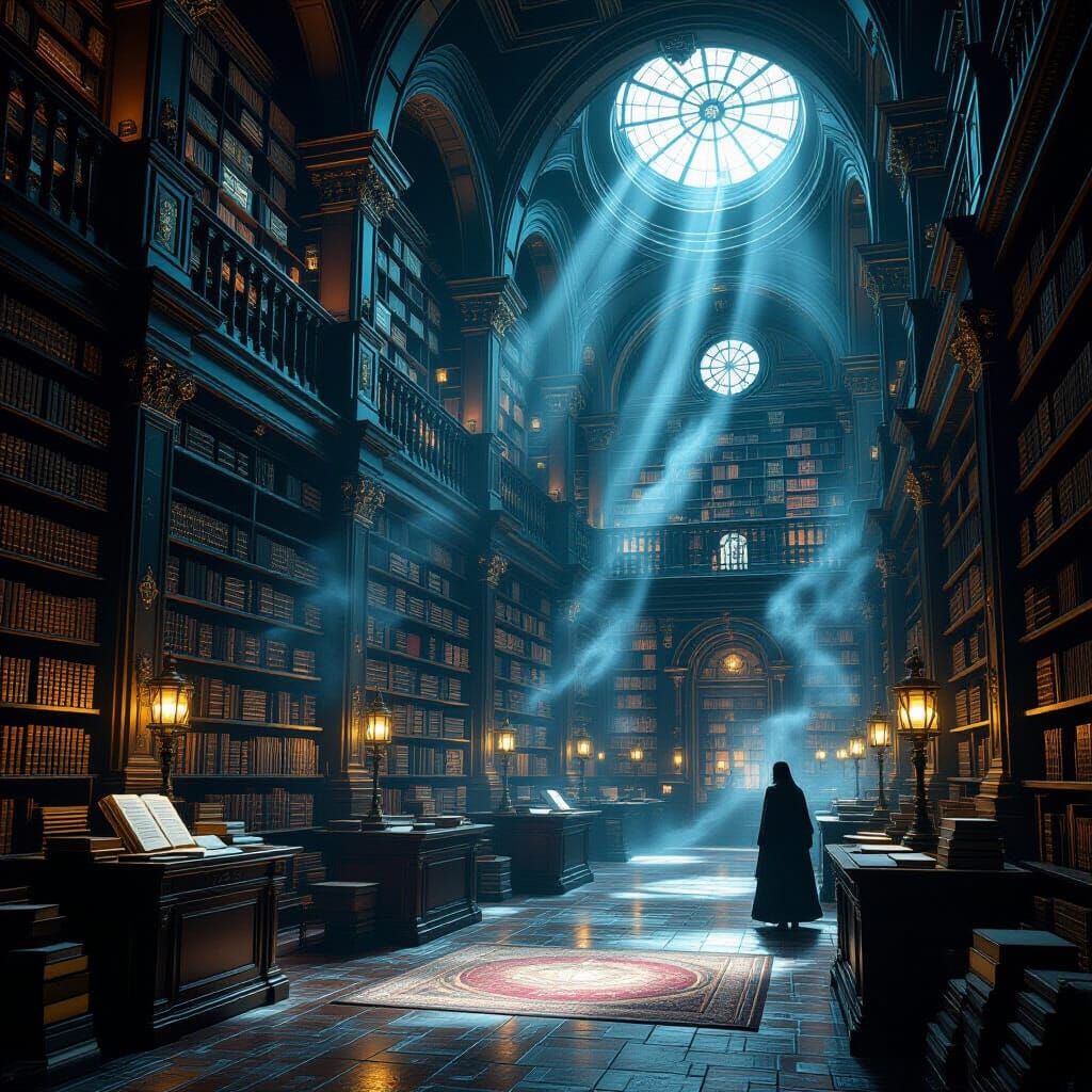Mysterious Library of Glowing Tomes and Artifacts