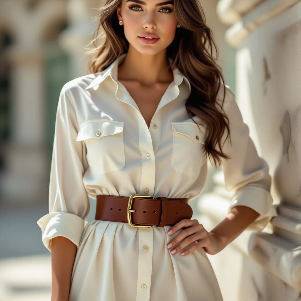 Elegant Woman in Shirtdress, Art Nouveau Style