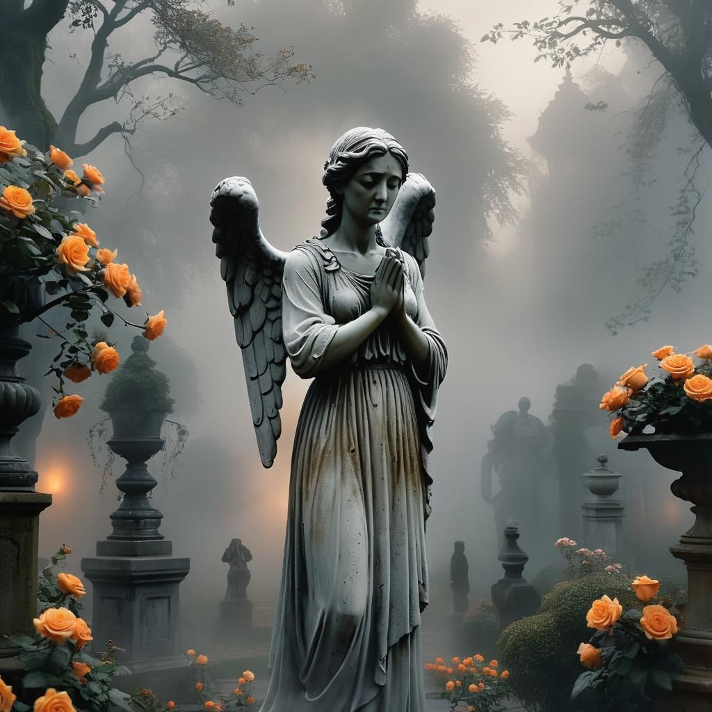 Weeping Angel in Foggy Victorian Garden