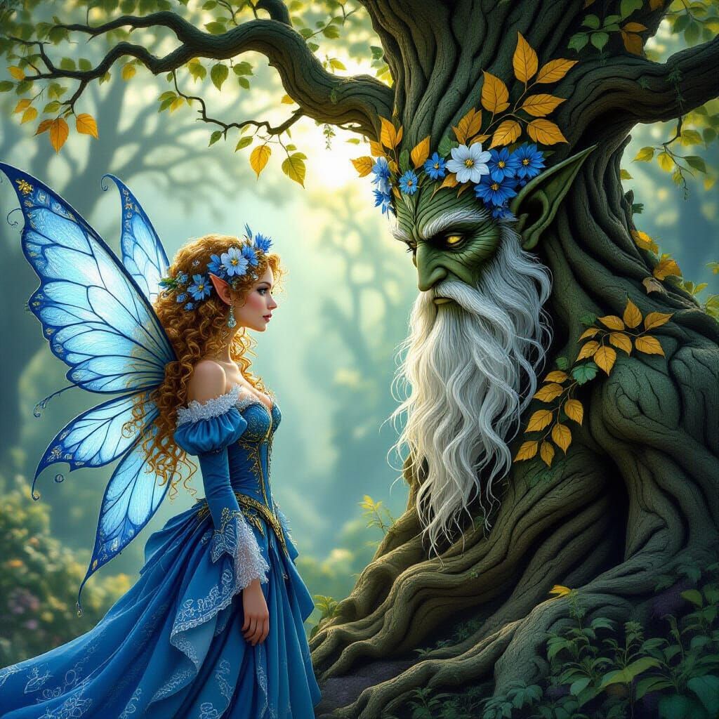 Fairy and Tree Spirit in Mystical Forest