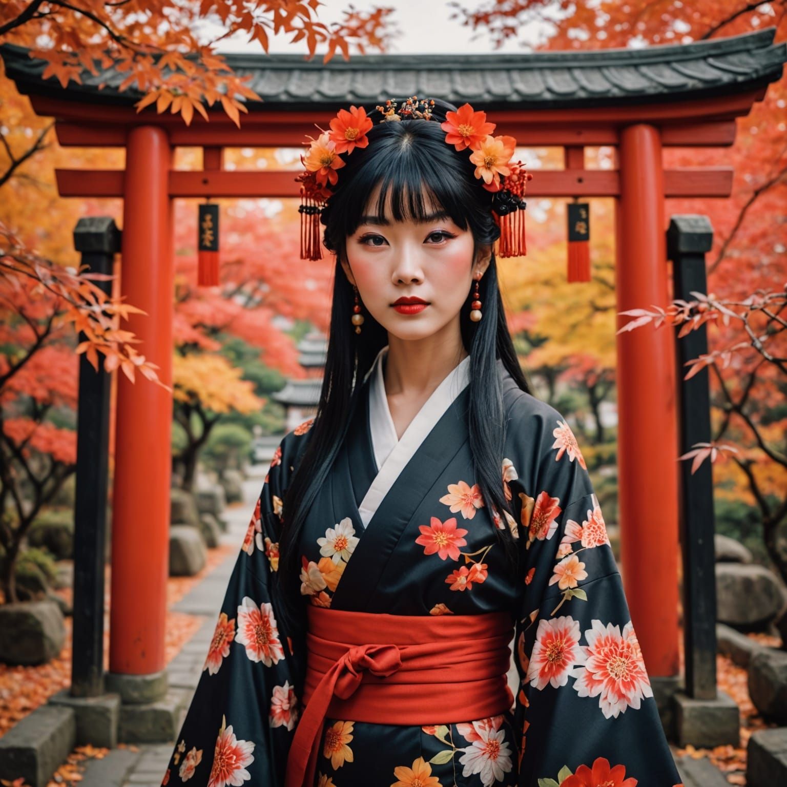 Elegant Asian Woman in Traditional Japanese Kimono
