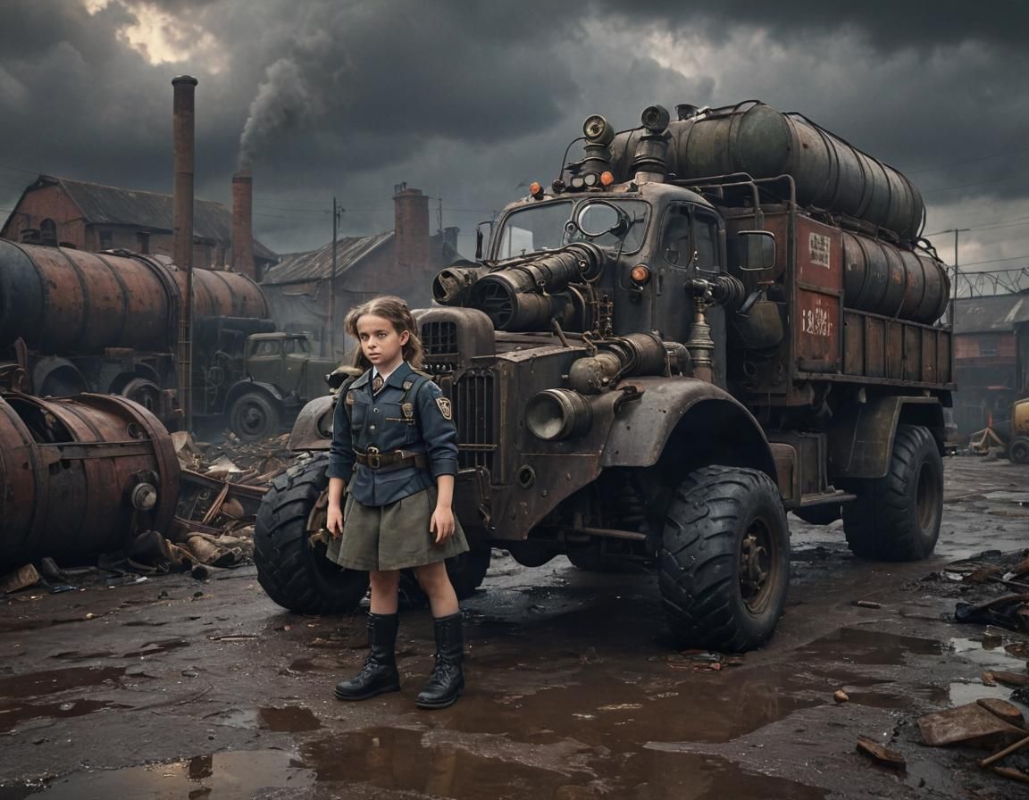 Dieselpunk Truck, Girl, and Officer in Industrial Setting