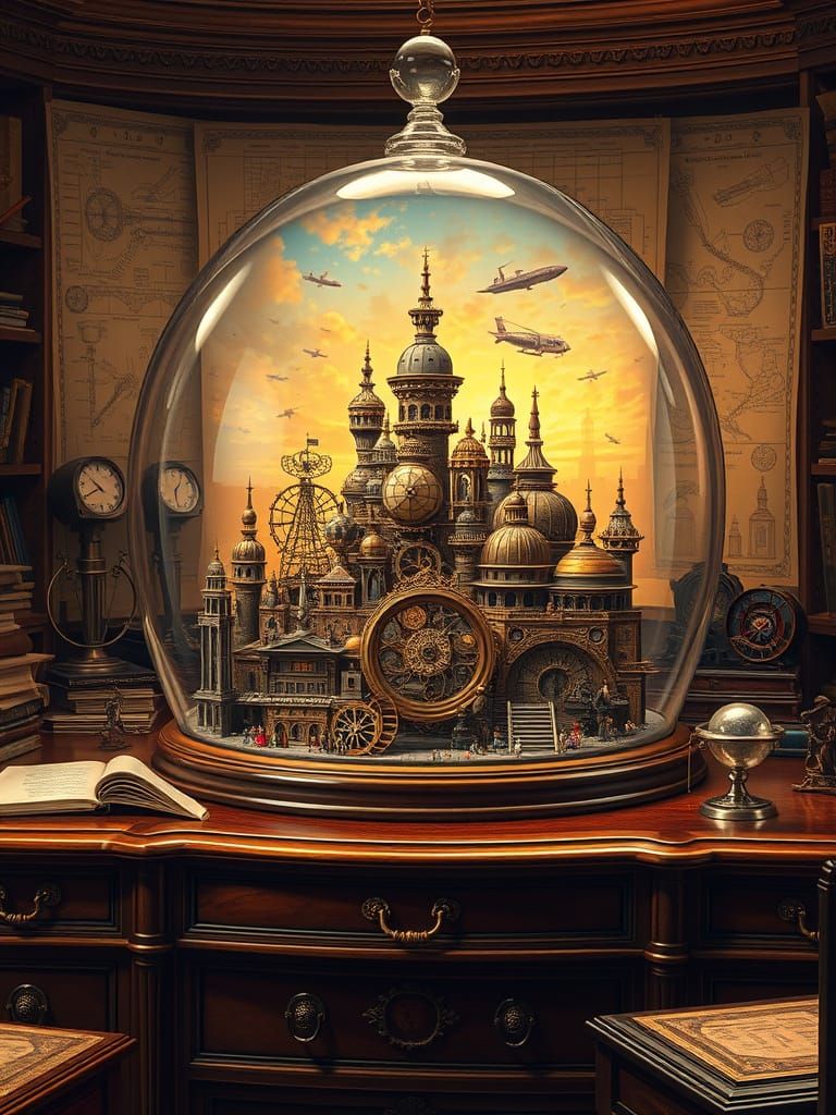 Miniature Steampunk City in Glass Dome, Art Nouveau Style