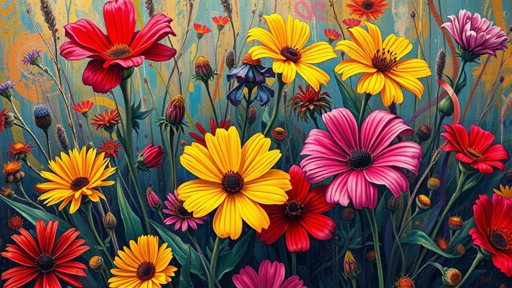 Vibrant Wildflowers in Oil and Street Art Style