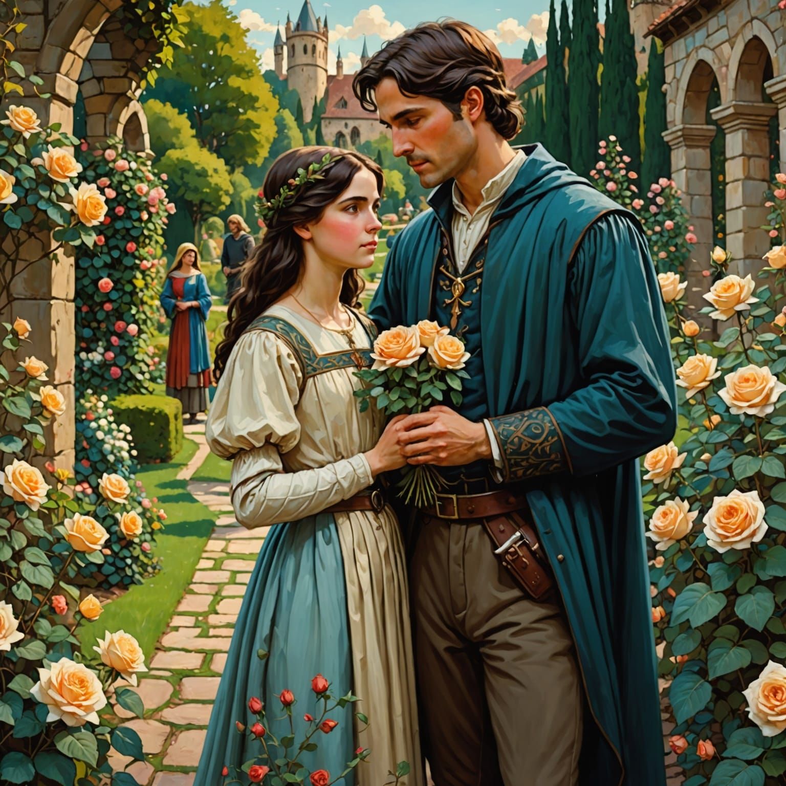 Medieval Family in Rose Garden, Waterhouse Style