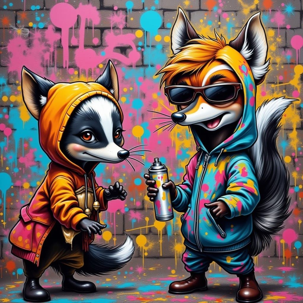 Fox and Skunk Create Vibrant Graffiti Art