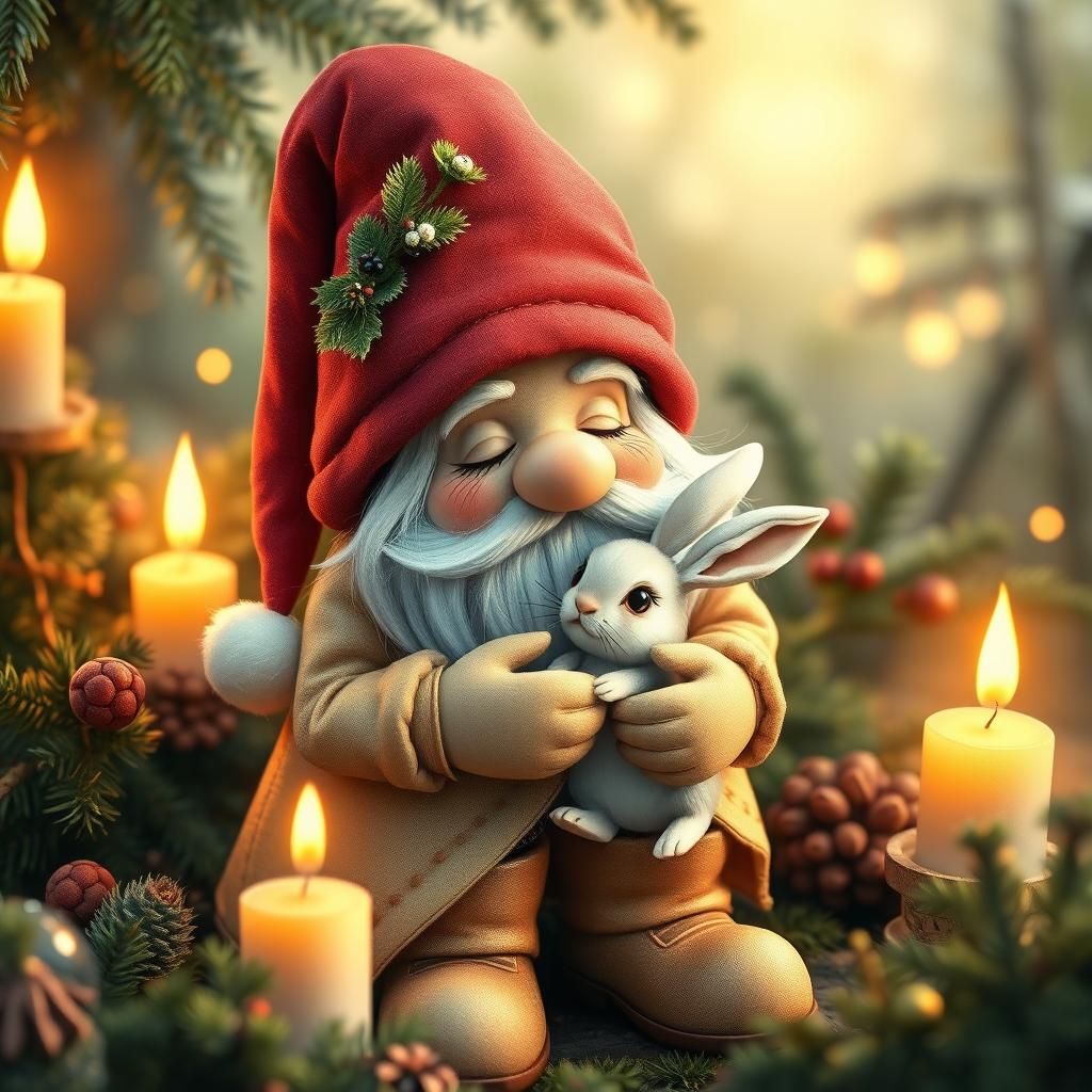 Whimsical Christmas Gnome with Bunny, Watercolor Art