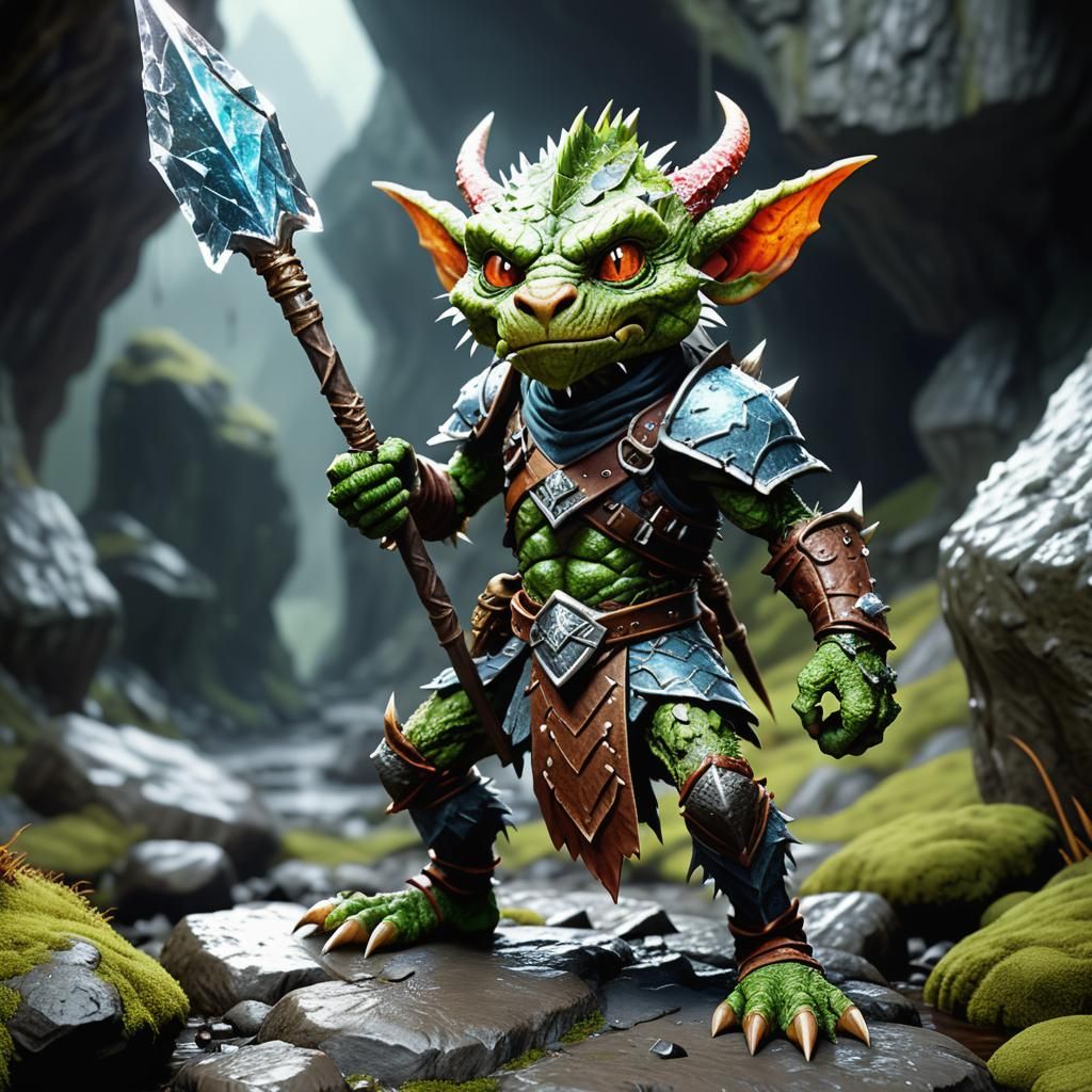 Intimidating Kobold Warrior with Crystal Spear in Cave