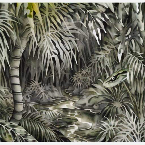 Mysterious Olive Jungle Scene in Monochrome Watercolor Style