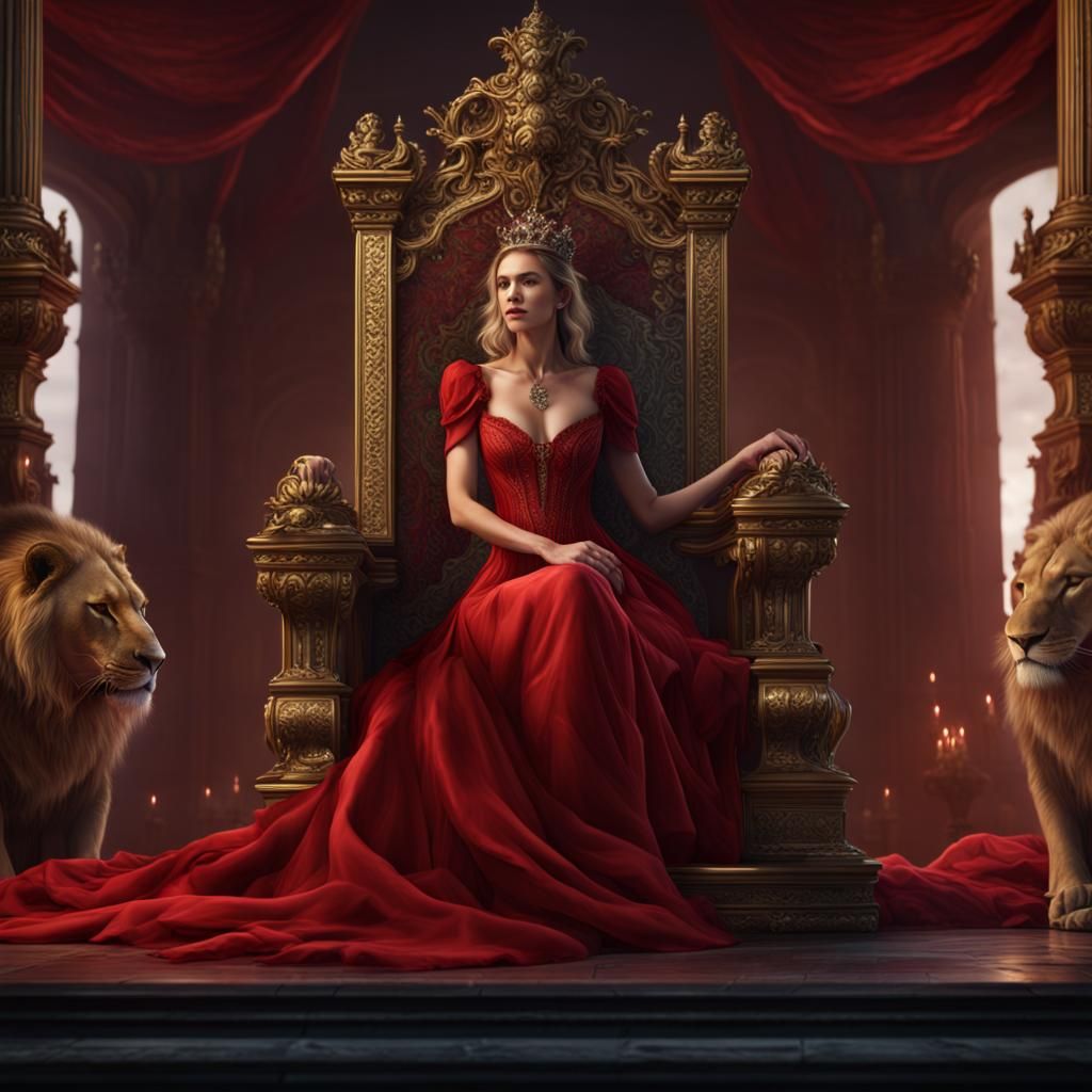 Queen in Red Dress with Lion: Fantasy Concept Art