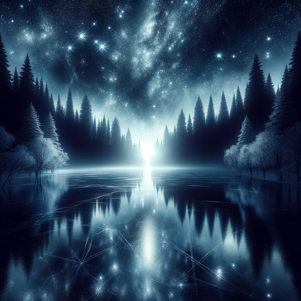 Midnight Sky Radiates Ethereal Beauty Over Dark Serene Lake