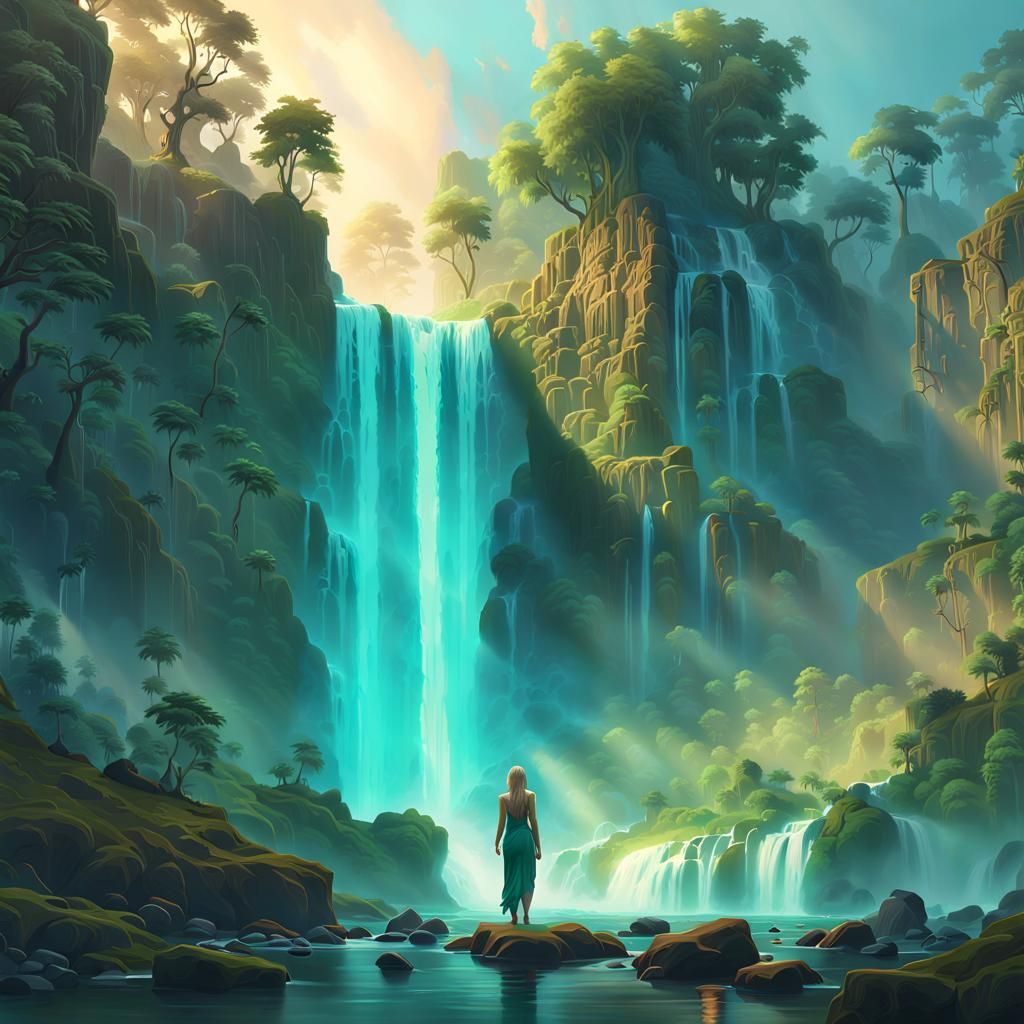 Sensual Goddess in Majestic Waterfall Scene, Painted in Deta...