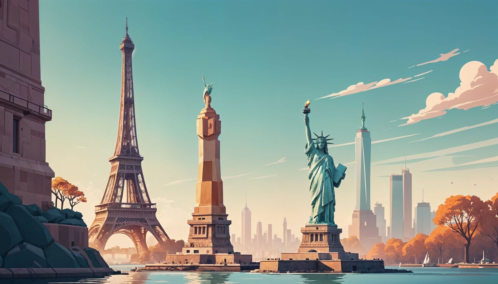 Eiffel Liberty Fusion in Retro-Futuristic Style