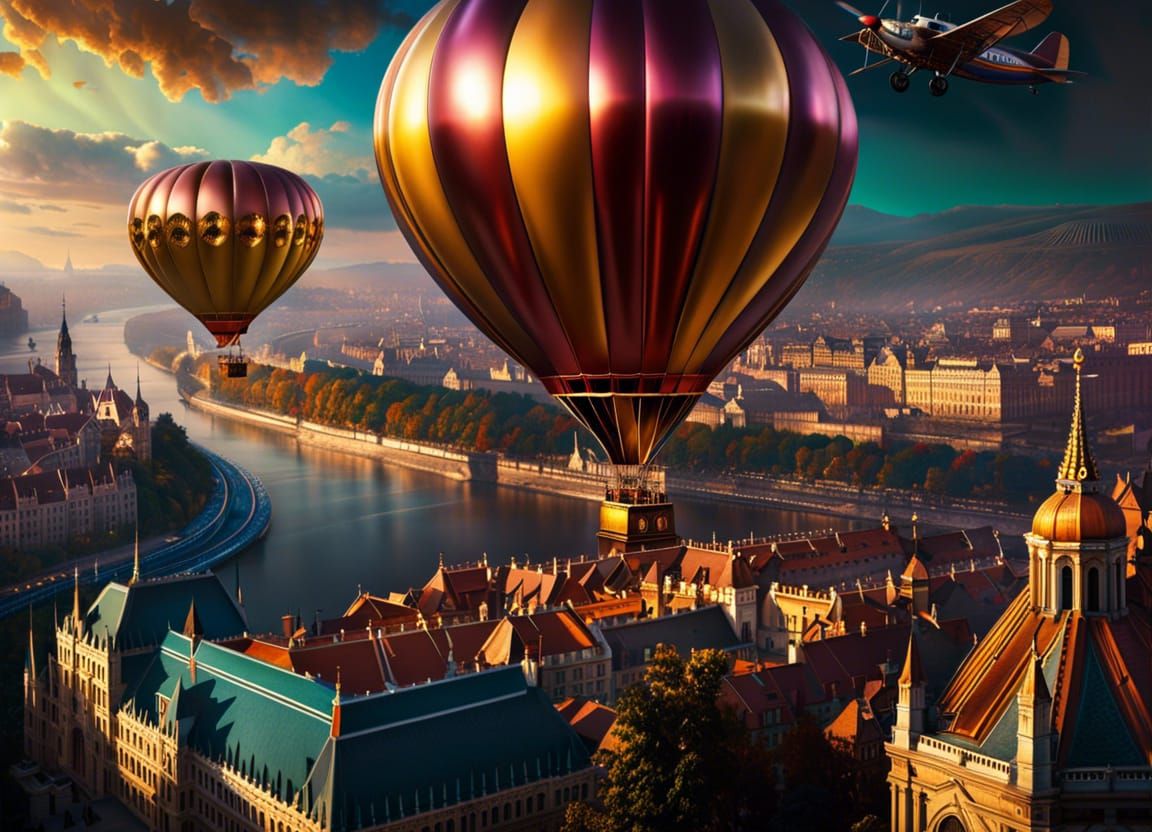 Steampunk Balloon Airplane Over Budapest in Detail