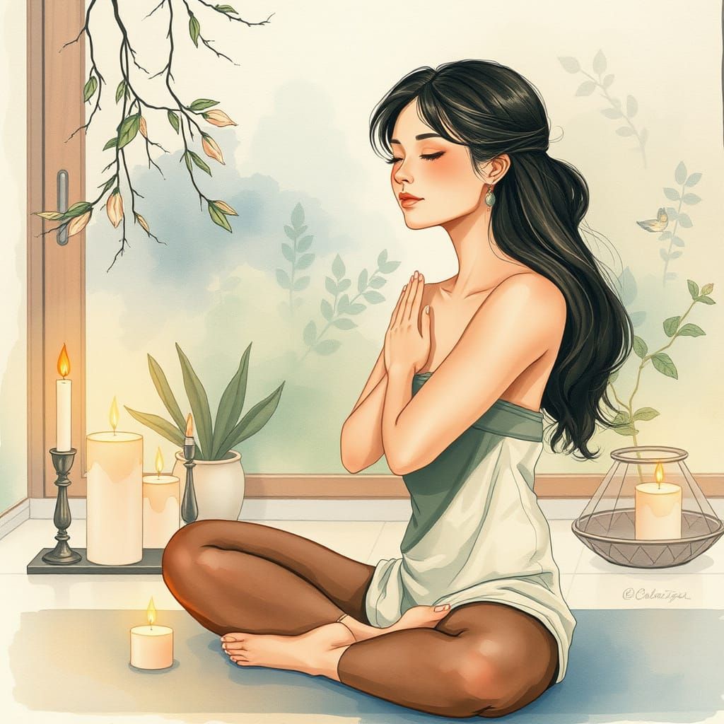 Serene Woman's Peaceful Stretch: Watercolor Style