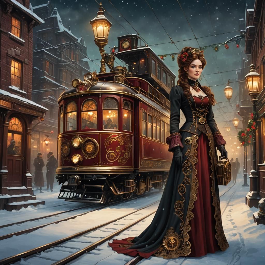 Steampunk Lady Adorned in Victorian Elegance Departs Festive...