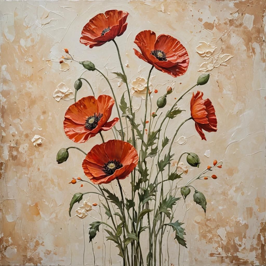 Vermillion Poppies with Palette Knife Strokes