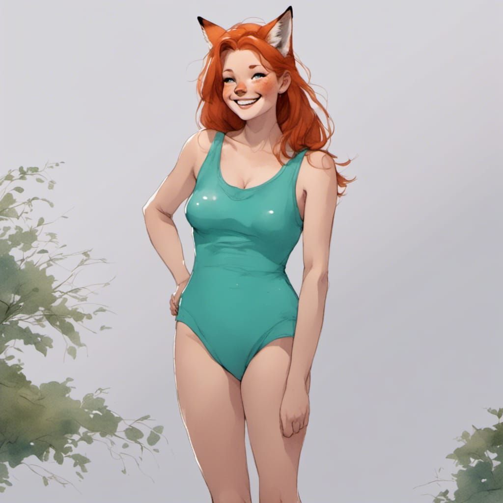 Adorable Fox-girl VIXEN wearing a one piece swimsuit.