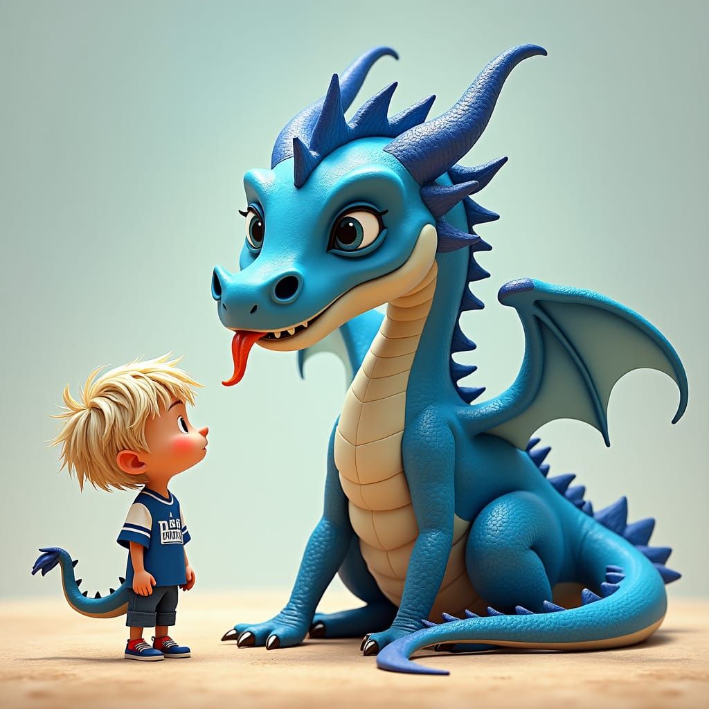 Playful Blue Dragon and Boy in a Whimsical Scene