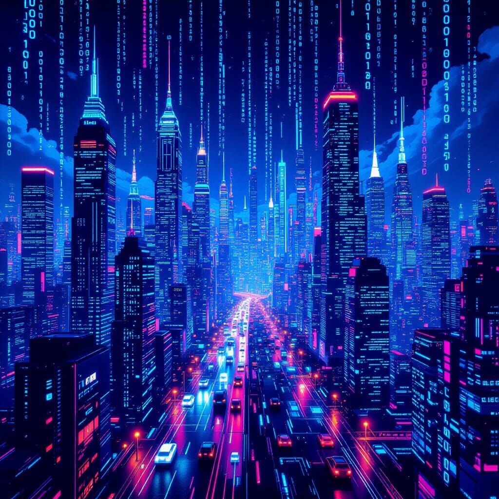 Digital Cityscape Made of Binary Code and Data Streams