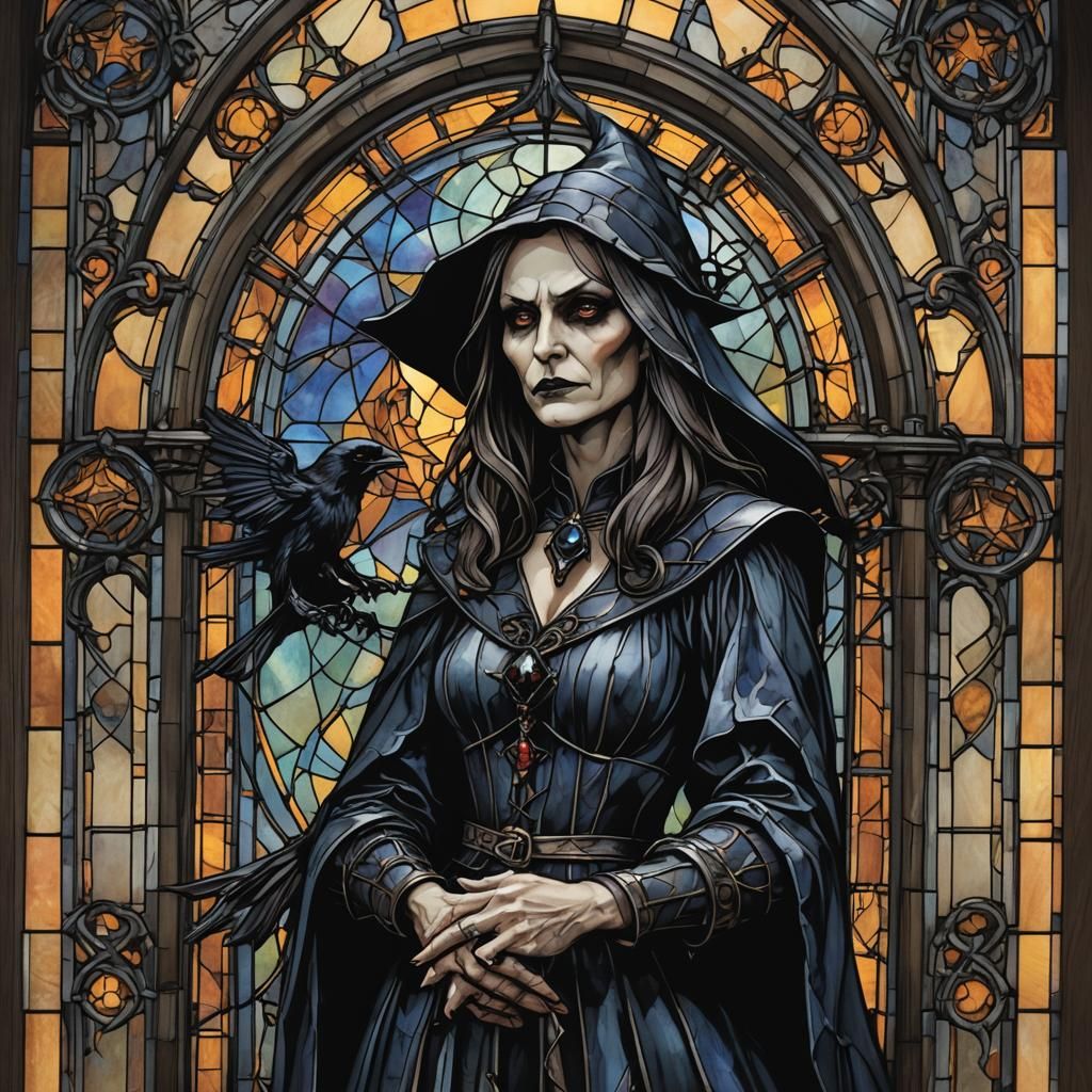 Witch Holding Crows in Gothic Stained Glass