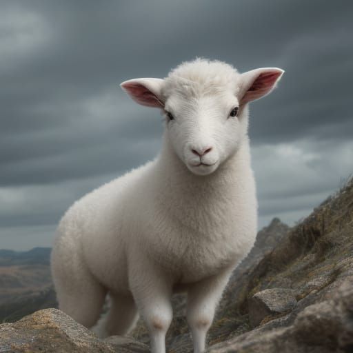 Hyper-Realistic Lamb Under Gloomy Sky in 8K