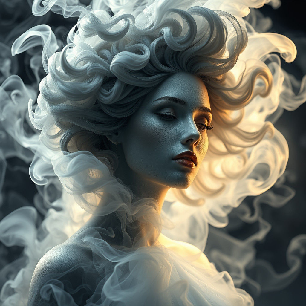 Ethereal Smoke Goddess Portrait in Art Nouveau Style